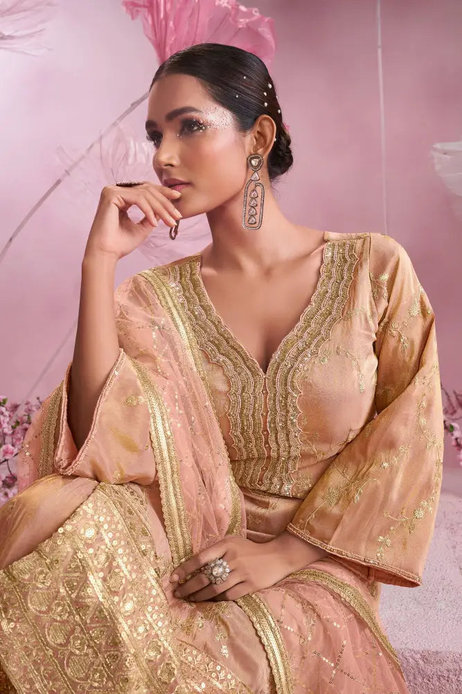 Gorgeous Peach Organza Suit with Gota Pati and Handcrafted Work Suits