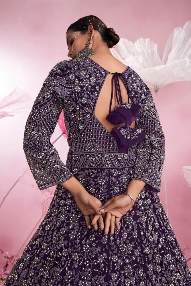 Gorgeous Purple Net Gown With Heavy Jarkan And Embroidery Work Gown