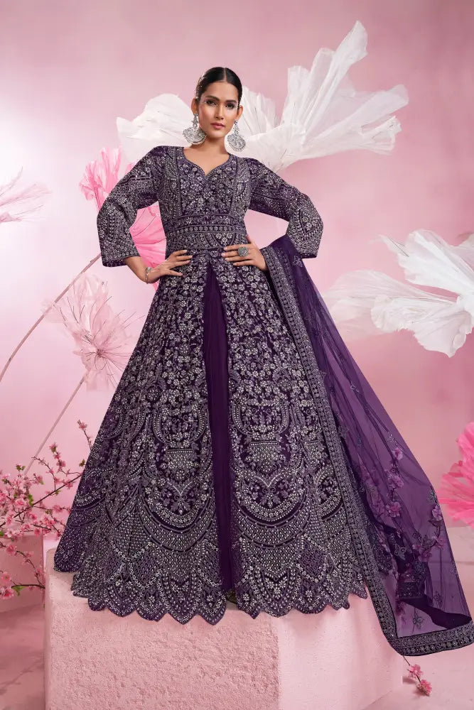 Gorgeous Purple Net Gown With Heavy Jarkan And Embroidery Work Gown