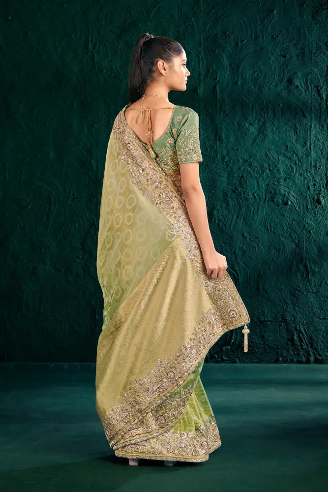 Green Banarasi Saree With Exclusive Stone Work For Grand Occasions Saree