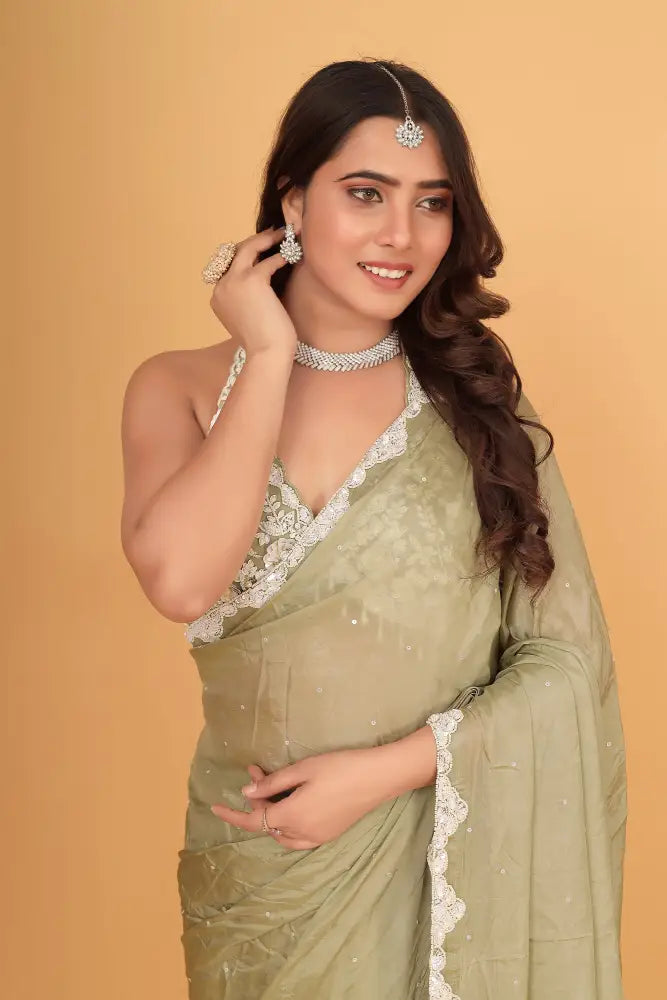 Green Crepe Silk Saree With Exclusive Handwork And Ready Blouse