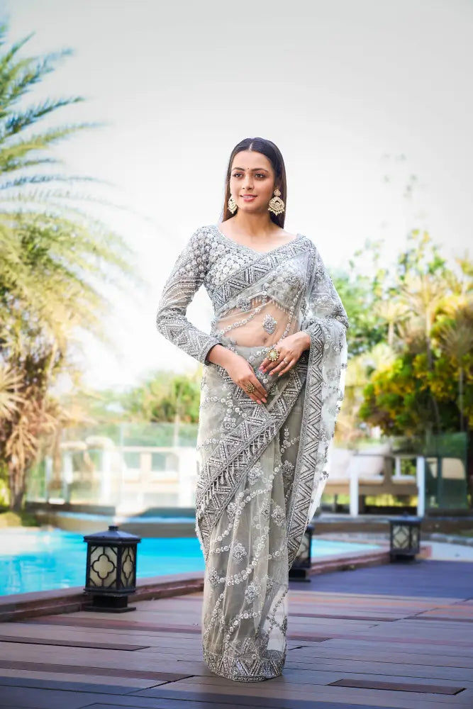 Grey Readymade Handwork Saree With Sequence Jarkan
