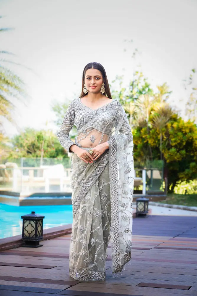 Grey Readymade Handwork Saree With Sequence Jarkan
