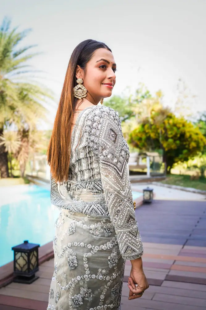 Grey Readymade Handwork Saree With Sequence Jarkan