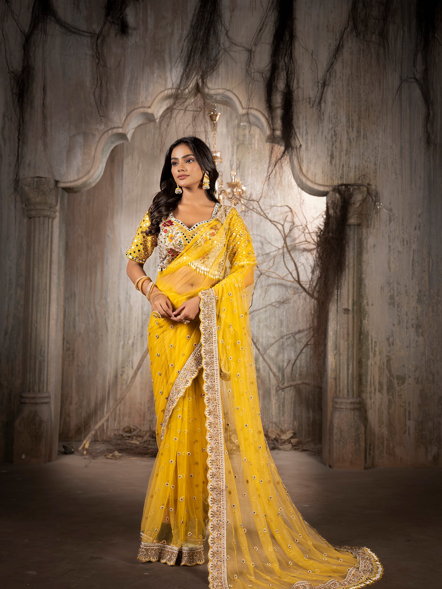 Sunny Yellow Silk-Net Saree With Intricate Mirror & Bead Work