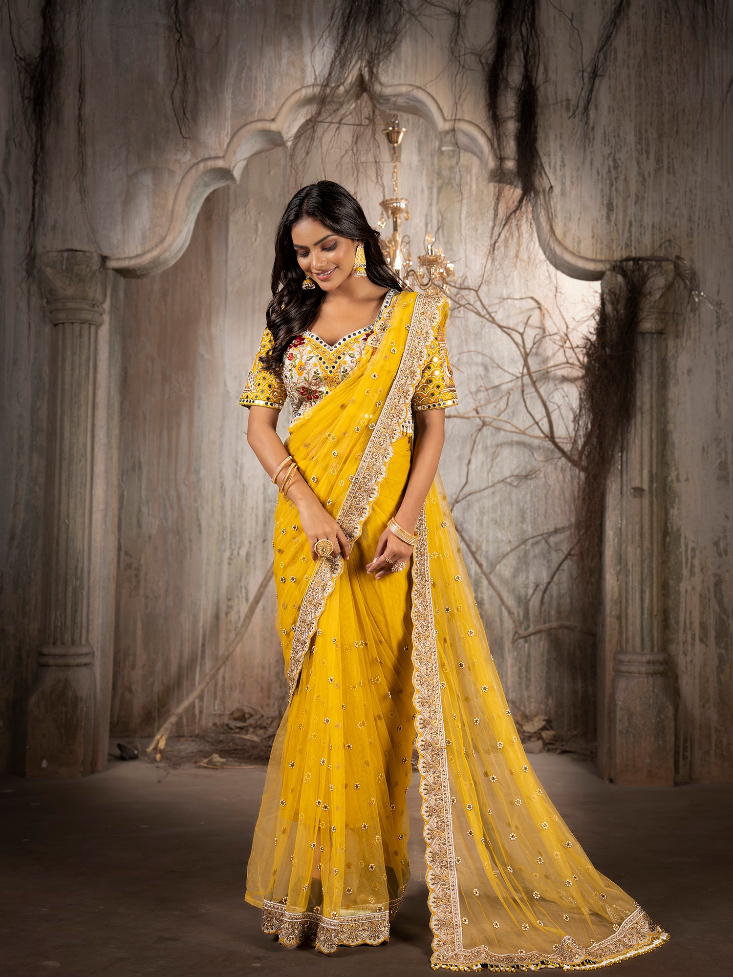 Sunny Yellow Silk-Net Saree With Intricate Mirror & Bead Work
