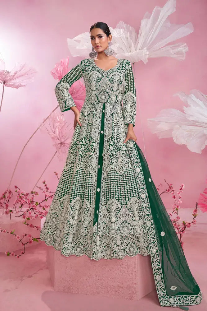 Handcrafted Green Net Gown With Beautifull Jarkan And Thread Detailing Gown