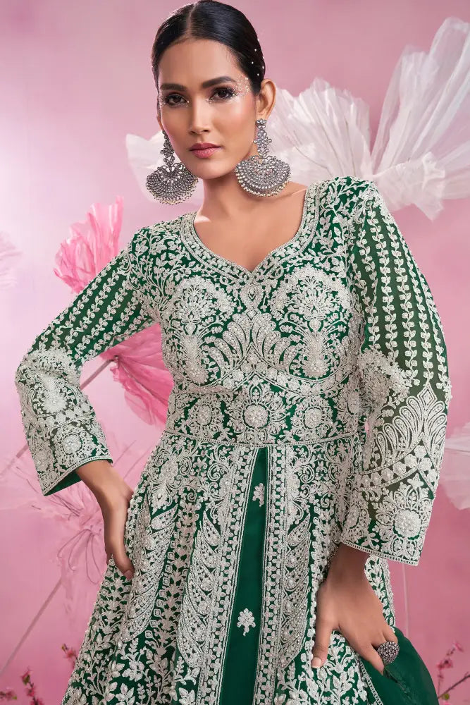 Handcrafted Green Net Gown With Beautifull Jarkan And Thread Detailing Gown