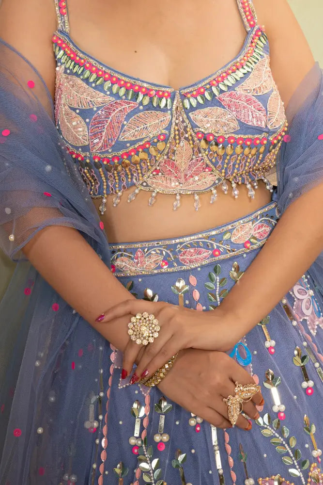Handcrafted Net Lehenga In Light Blue With Beautiful Detailing Lehenga