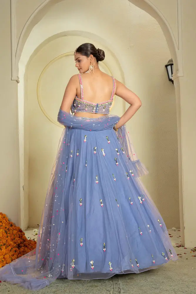 Handcrafted Net Lehenga In Light Blue With Beautiful Detailing Lehenga