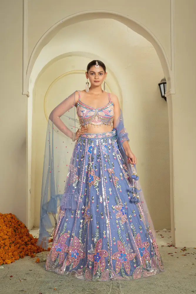 Handcrafted Net Lehenga In Light Blue With Beautiful Detailing Lehenga
