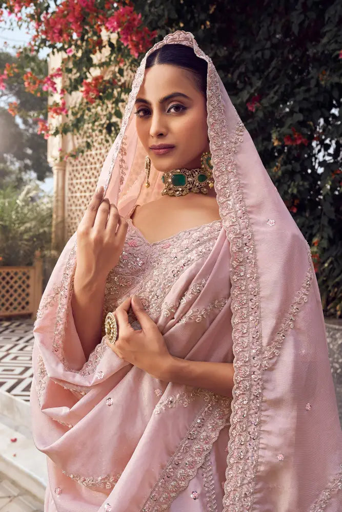 Handcrafted Pink Silk Saree With Intricate Beadwork Saree