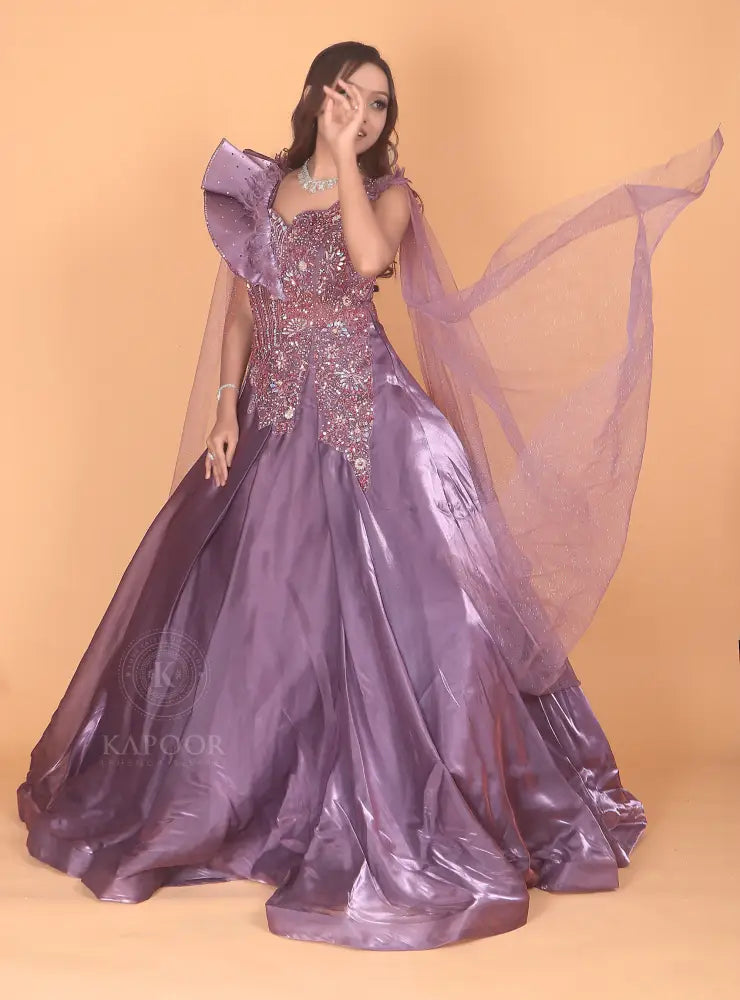 Handmade Lavender Designer Gown In Jimmy Choo Fabric With Gota Work