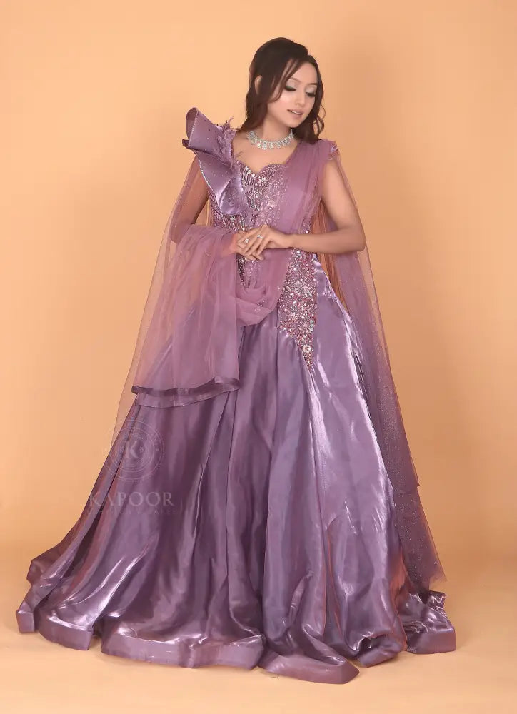 Handmade Lavender Designer Gown In Jimmy Choo Fabric With Gota Work