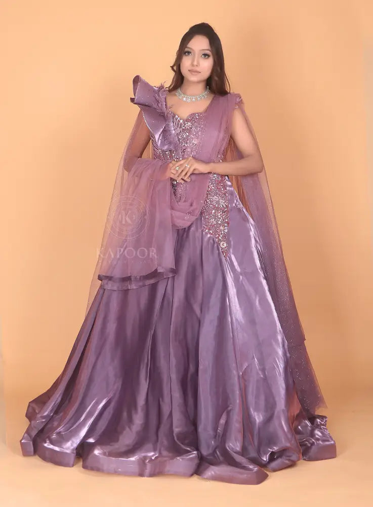 Handmade Lavender Designer Gown In Jimmy Choo Fabric With Gota Work