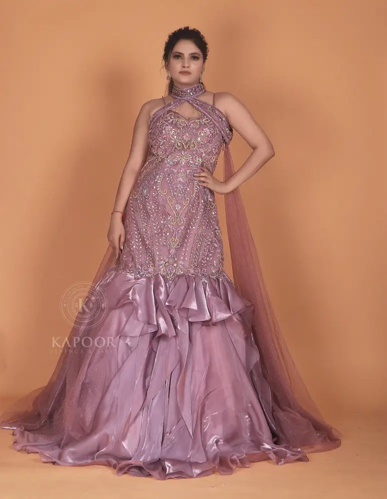 Handmade Purple Designer Gown In Jimmy Choo Fabric With Intricate Beadwork