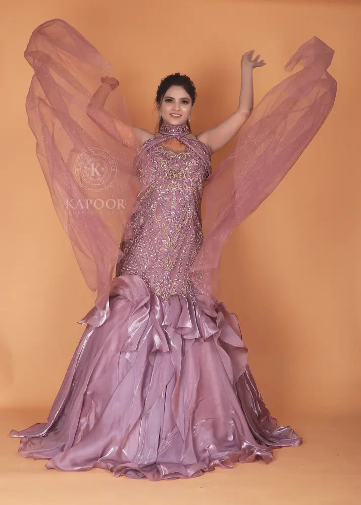 Handmade Purple Designer Gown In Jimmy Choo Fabric With Intricate Beadwork