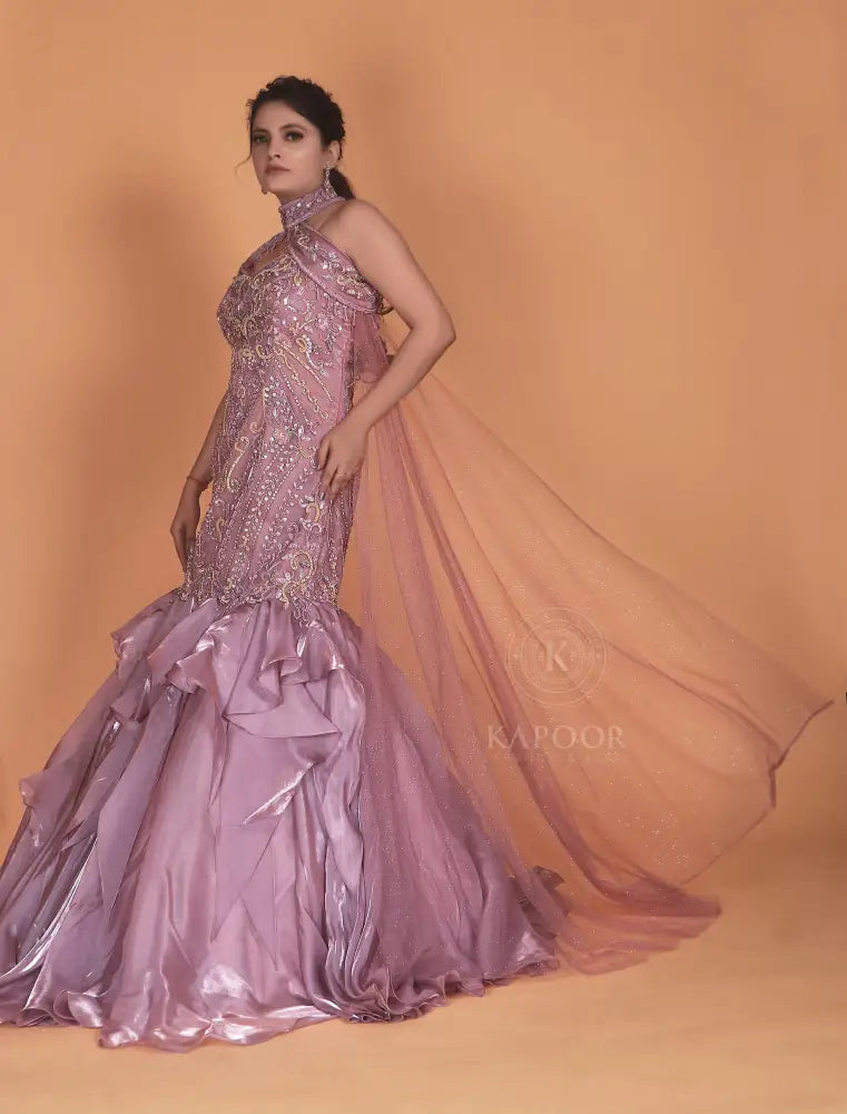 Handmade Purple Designer Gown In Jimmy Choo Fabric With Intricate Beadwork