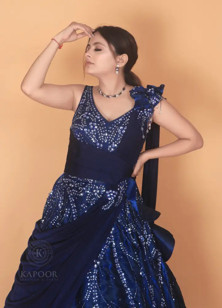 Handmade Royal Blue Designer Gown In Jimmy Choo Fabric With Detailed Beadwork