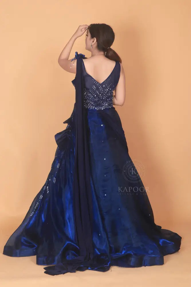 Handmade Royal Blue Designer Gown In Jimmy Choo Fabric With Detailed Beadwork