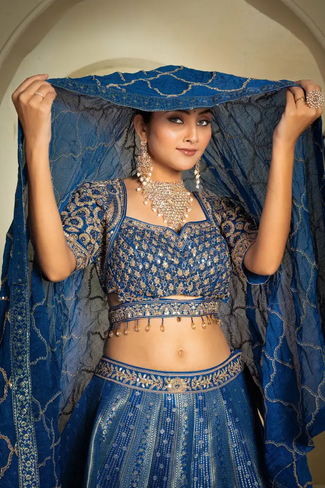 Handwork Banarasee Lehenga In Royal Blue For Grand Celebrations Lehenga