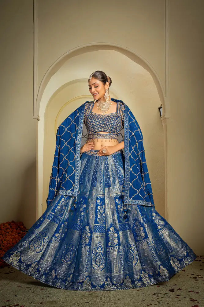 Handwork Banarasee Lehenga In Royal Blue For Grand Celebrations Lehenga