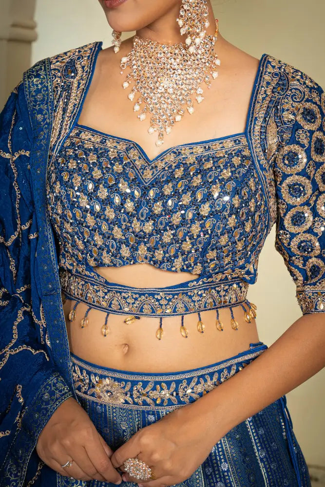 Handwork Banarasee Lehenga In Royal Blue For Grand Celebrations Lehenga