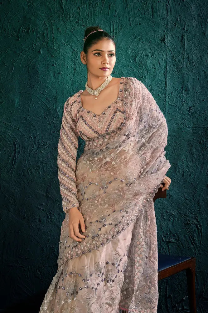 Light Up The Room In This Radiant Pink Net Saree With Stonework Saree