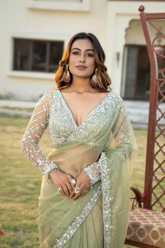 Lightweight Pista Green Organza Saree With Artistic Handwork Saree