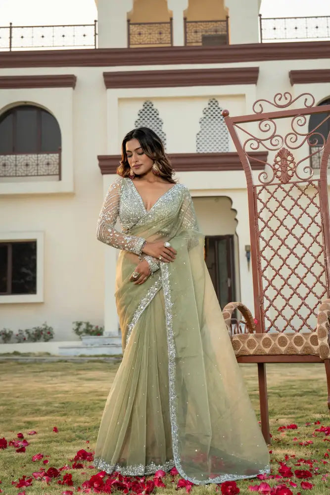 Lightweight Pista Green Organza Saree With Artistic Handwork Saree