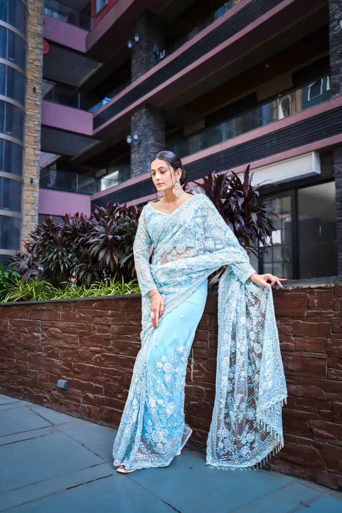 Luxurioru Blue Ready Made Handwork Aree With Jarkan And Sequence Thread