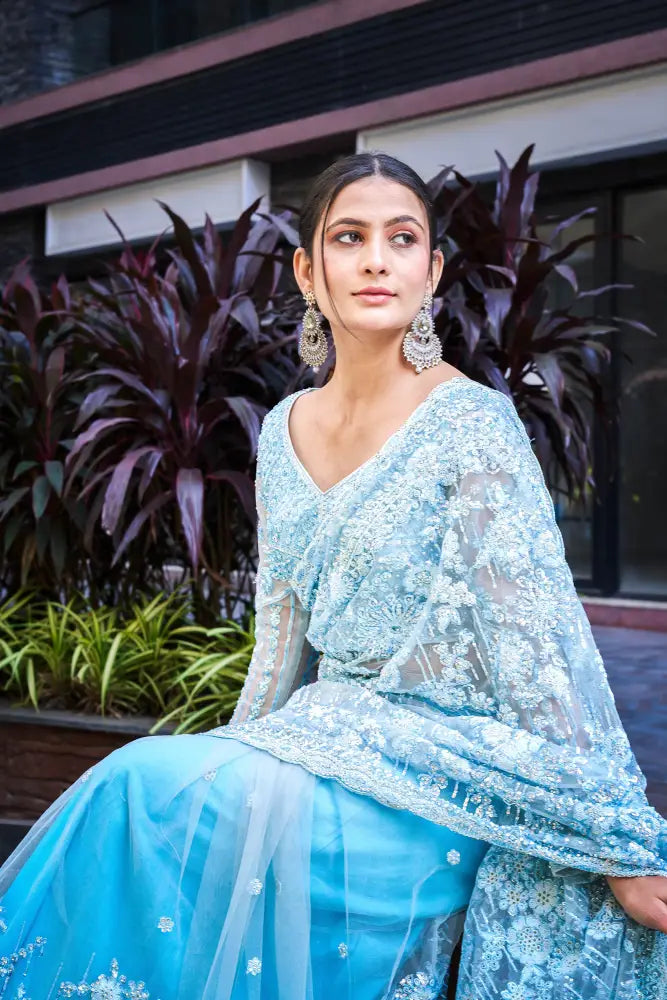 Luxurioru Blue Ready Made Handwork Aree With Jarkan And Sequence Thread