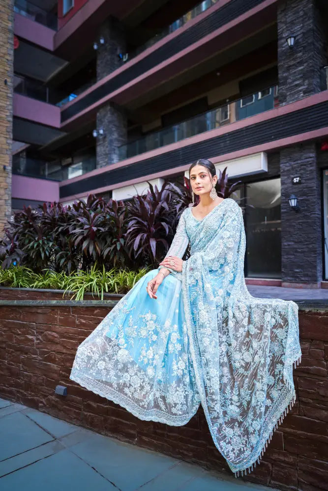 Luxurioru Blue Ready Made Handwork Aree With Jarkan And Sequence Thread