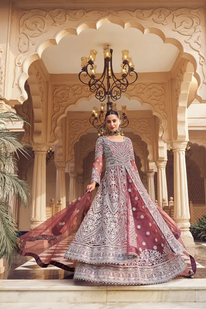 Maroon Net Saree With Jacquard Handwork And Shimmering Sequins Saree