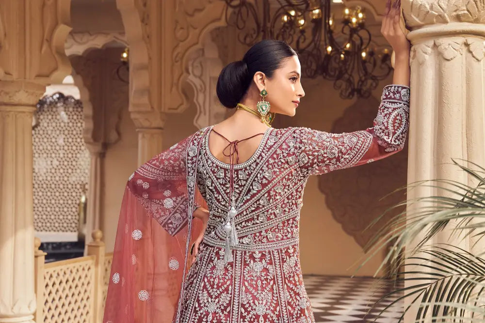 Maroon Net Saree With Jacquard Handwork And Shimmering Sequins Saree