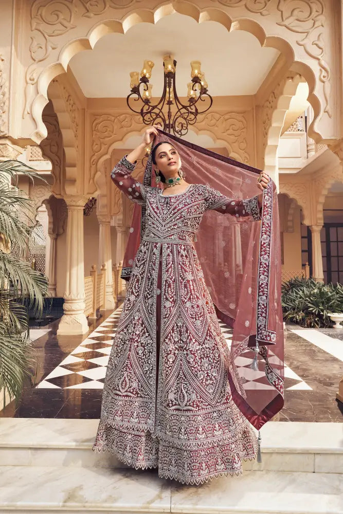 Maroon Net Saree With Jacquard Handwork And Shimmering Sequins Saree