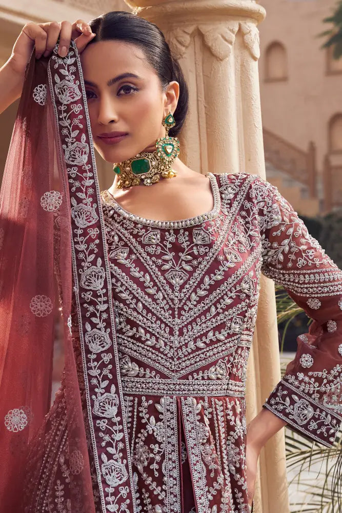 Maroon Net Saree With Jacquard Handwork And Shimmering Sequins Saree