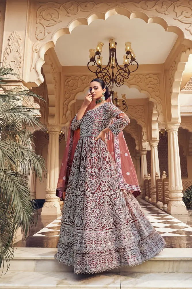 Maroon Net Saree With Jacquard Handwork And Shimmering Sequins Saree