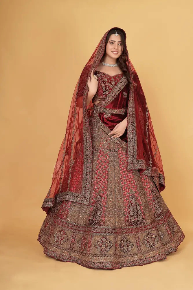 Maroon Velvet Bridal Lehenga With Exclusive Stone Work And Hand-Touch Detailing