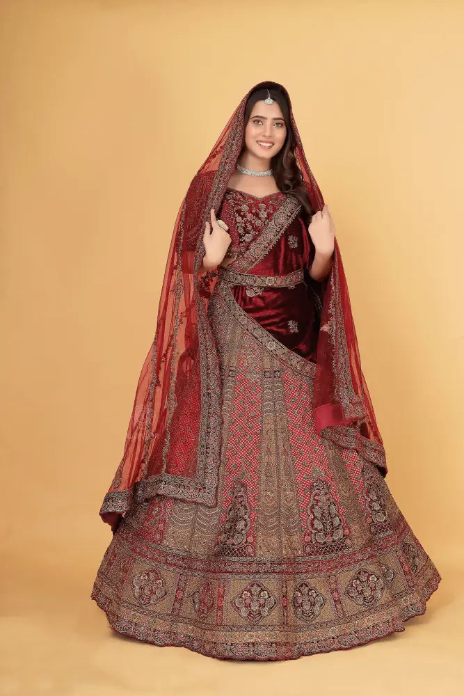 Maroon Velvet Bridal Lehenga With Exclusive Stone Work And Hand-Touch Detailing