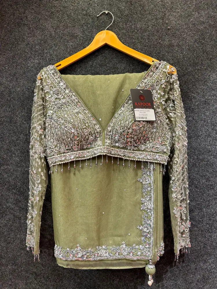 Metallic Green Net Saree With Premium Handcrafted Detailing Saree