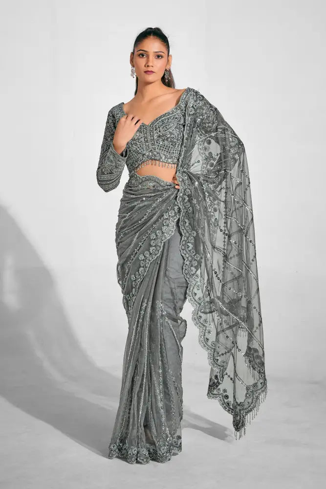 Metallic Grey Net Saree With Premium Handcrafted Details Saree
