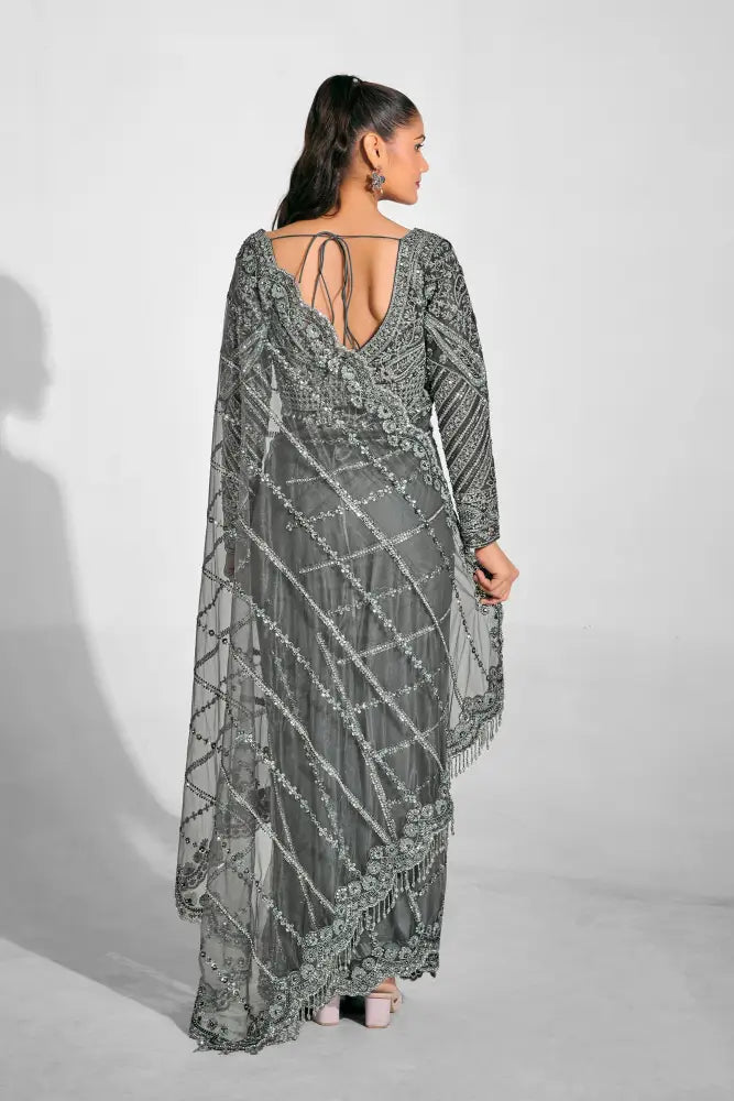 Metallic Grey Net Saree With Premium Handcrafted Details Saree
