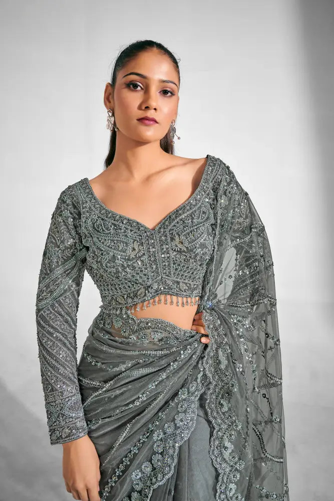 Metallic Grey Net Saree With Premium Handcrafted Details Saree