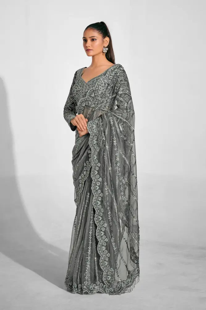 Metallic Grey Net Saree With Premium Handcrafted Details Saree