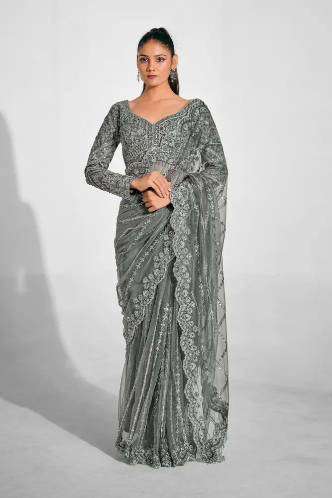 Metallic Grey Net Saree With Premium Handcrafted Details Saree