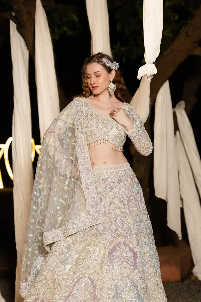 Multi White Lehenga With Multi-Handwork Sequence Jarkan And Thread Embroidery