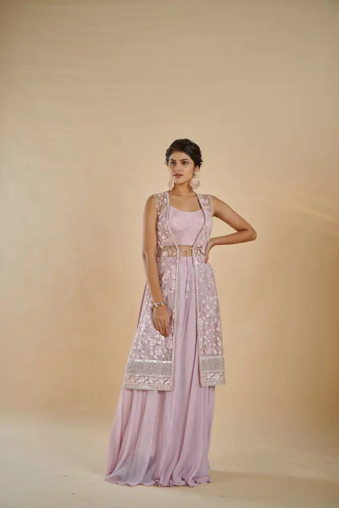 Party Wear Mauve Indo Western With Decorative Mirror And Stone Work Indo Western