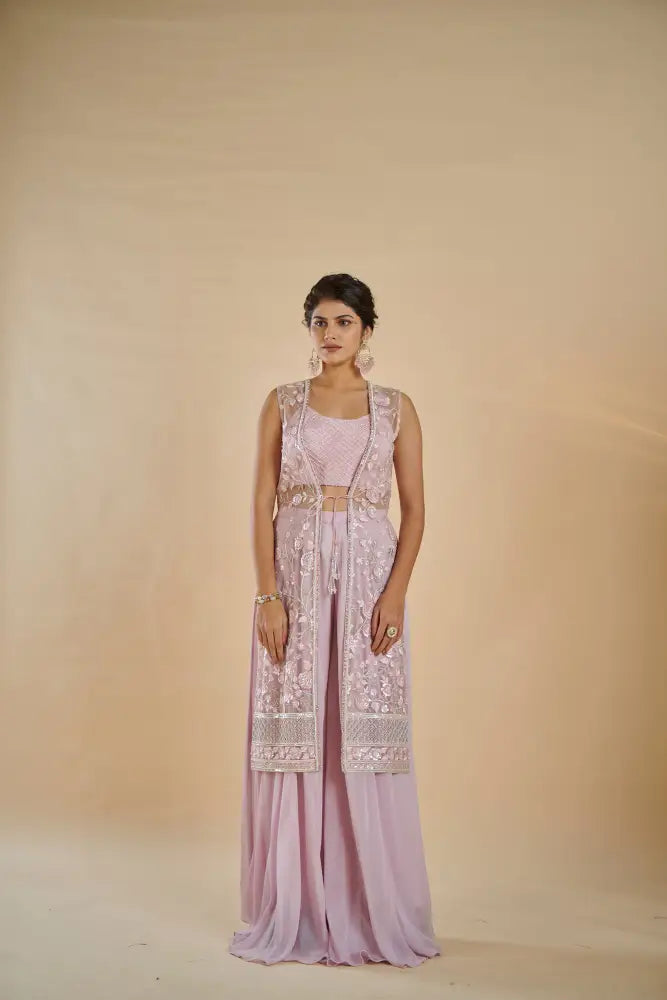 Party Wear Mauve Indo Western With Decorative Mirror And Stone Work Indo Western