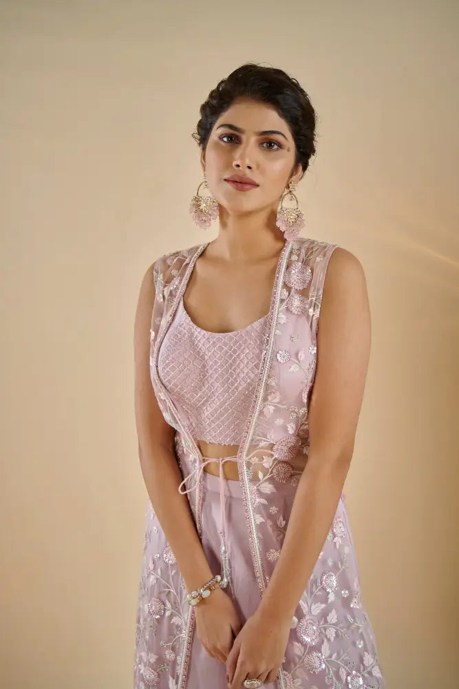 Party Wear Mauve Indo Western With Decorative Mirror And Stone Work Indo Western